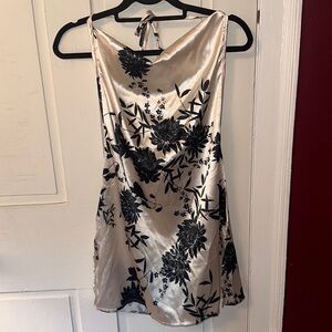 Cowl neck halter black and white silk like material mini dress